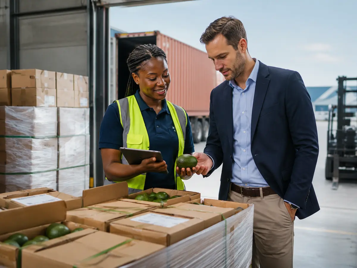 Foreign buyer reviewing African export produce with a supplier at a warehouse.