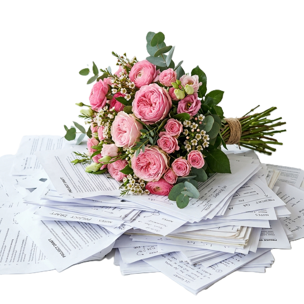 Messy papers and flowers