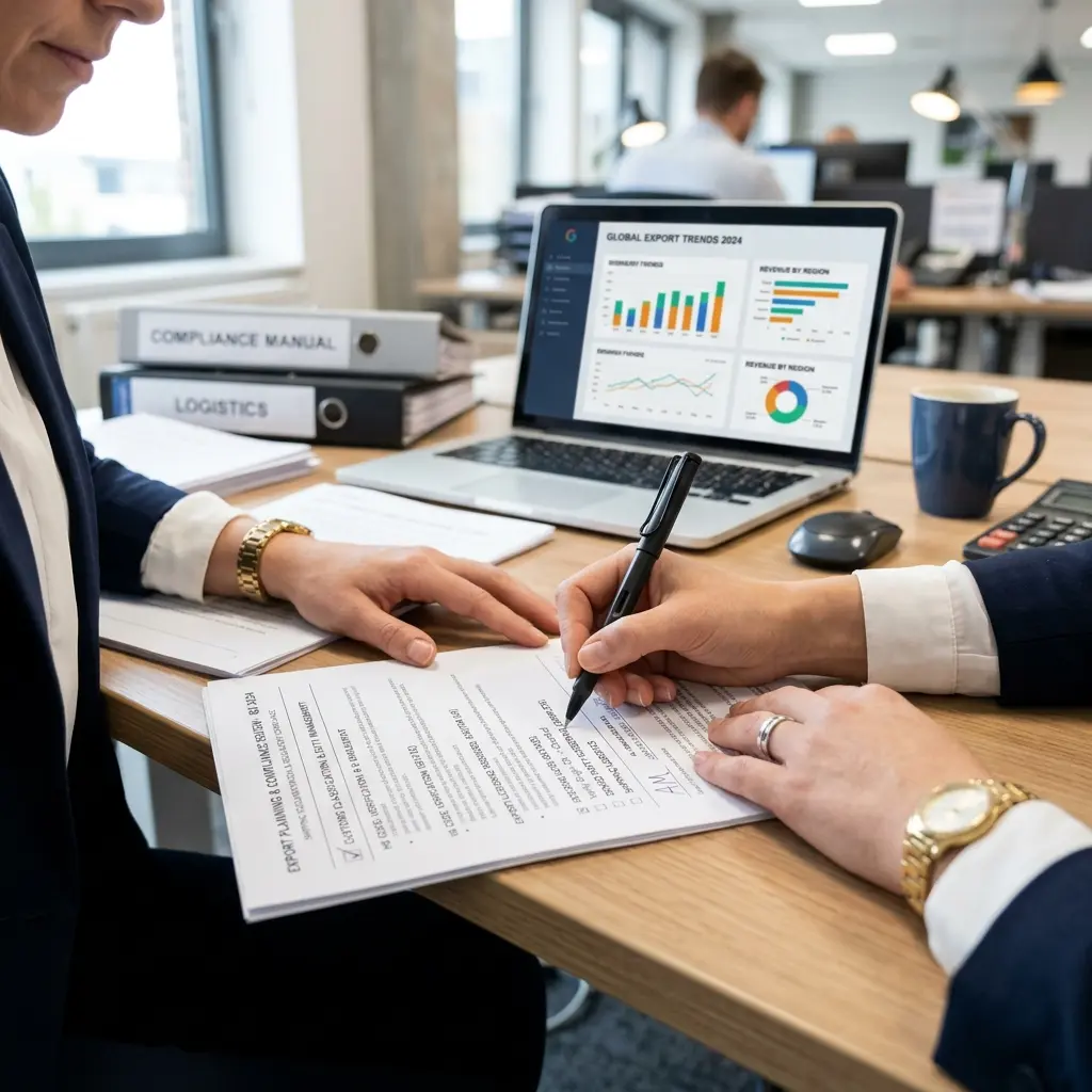 Trade professional reviewing export planning documents